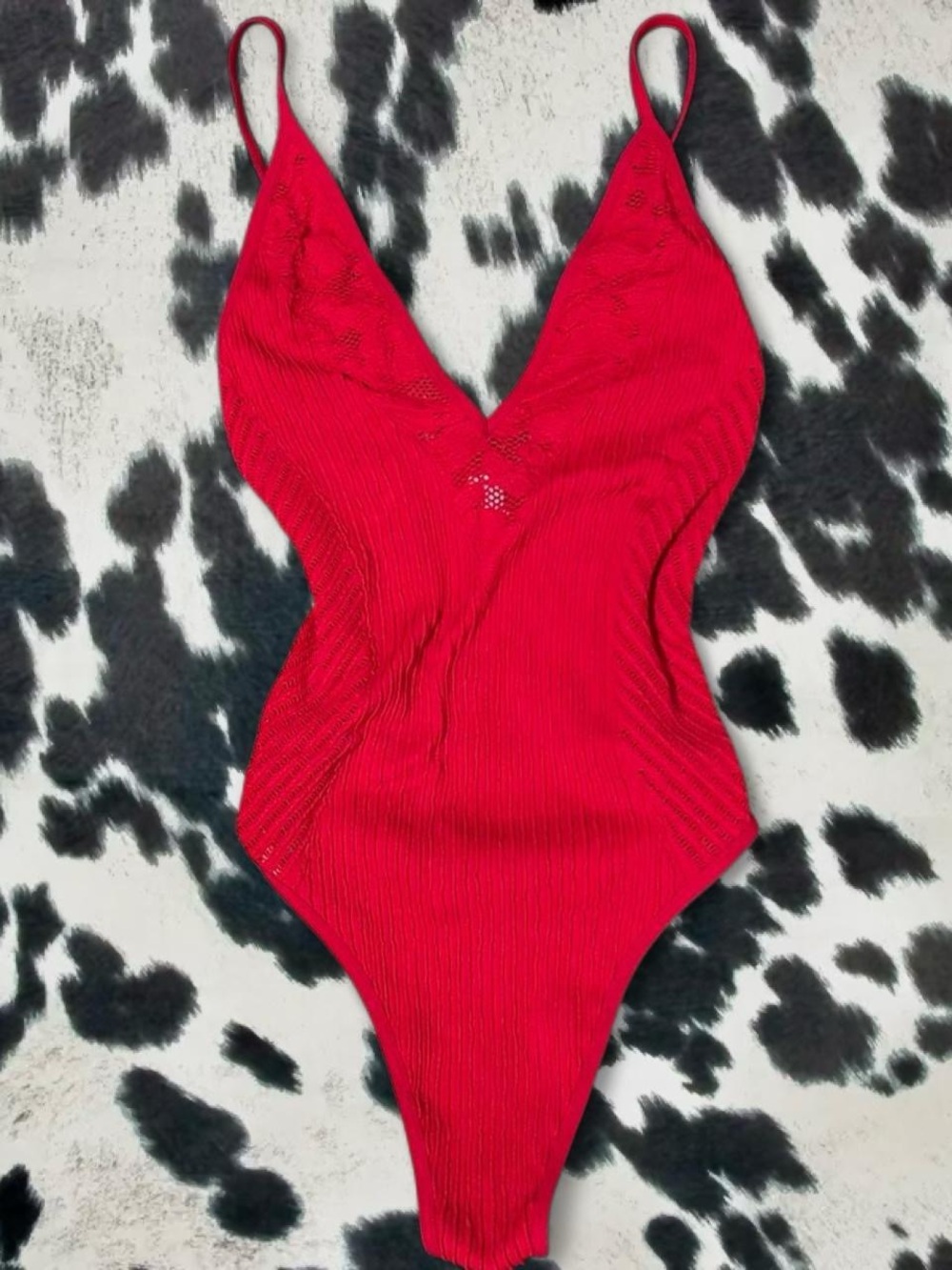 Red Ribbed One-Piece Bodysuit with V-Neck